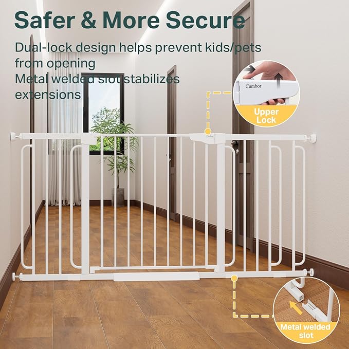 Cumbor 36.6-64" Extra Wide Baby Gate for Stairs, Dog Gates for Doorways, Auto-Close Pet Gate Indoor, Pressure Mounted Walk Through Safety Child Gate for Kids Toddler, Tall Pet Puppy Fence Gate, White
