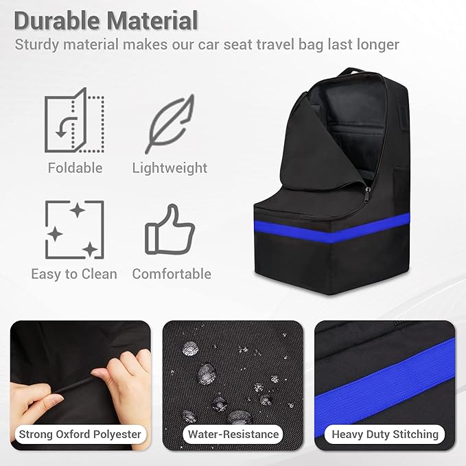 ProFaster Car Seat Travel Bag - Padded, Comfortable, Durable, Roomy Gate Check Carseat Cover Backpack Fits 3-in-1，Convertible, Booster & Infant Car Seats for Airplane, Airport, Blue