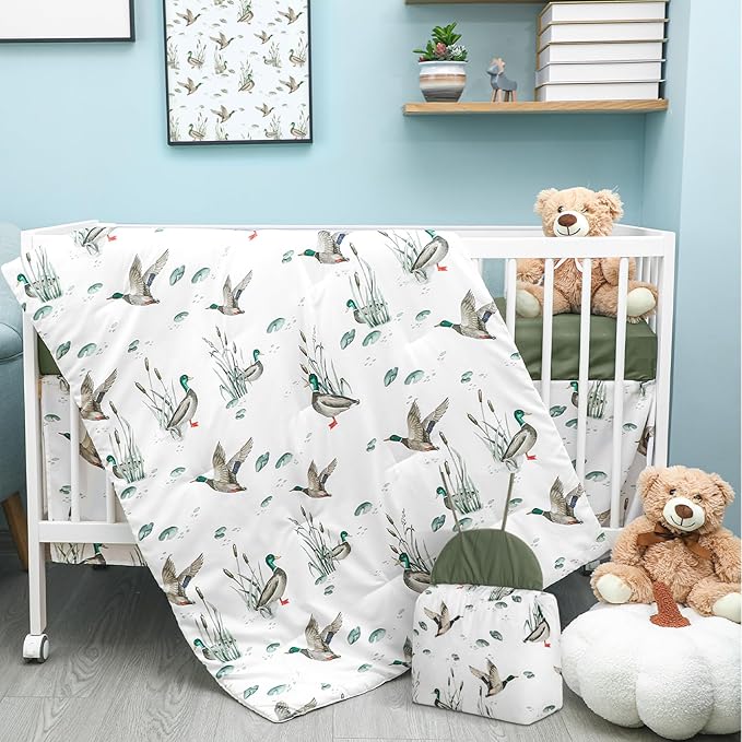 Oudain 4 Piece Mallard Duck Crib Bedding Set Including Mallard Duck Crib Skirt, Blanket, Crib Sheet and Diaper Stacker, Soft Neutral Nursery Standard Size Baby Bedding for Baby Girls and Boys