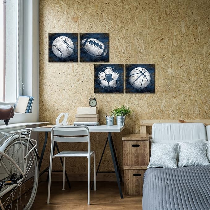 KLVOS Navy Blue Sports Wall Art Décor Basketball Baseball Soccer Football Canvas Art Prints Sport Balls Picture for Man Cave Kids Teenagers Boy Room Decor 12x12inchx4 Piece