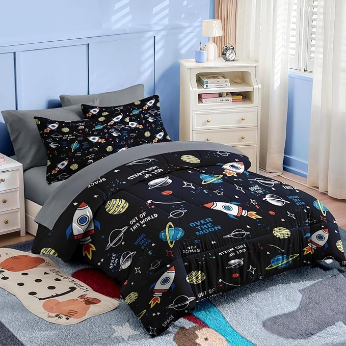 Nesker 4 Pcs Comforter Set Toddler Size, Space Moon Universe Bedding for Kids Teen, Rockets Planets Stars Bed Sheet with Pillowcase & Sham