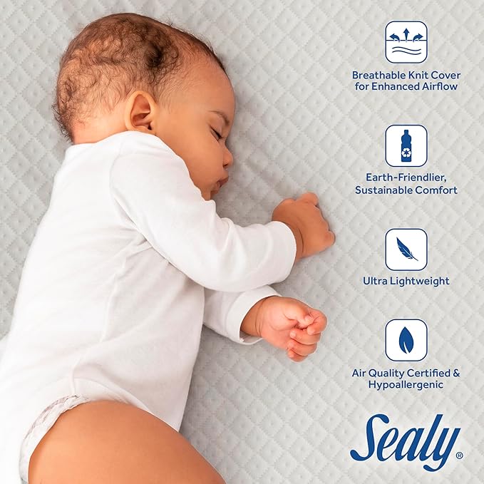 Sealy Baby Butterfly Knit Breathable Crib Mattress, GREENGUARD GOLD Certified, Made in USA, Premium Foam, Washable Easy to Clean Cover, Toddler Bed Fit, Safety & Quality Tested, 52x28"