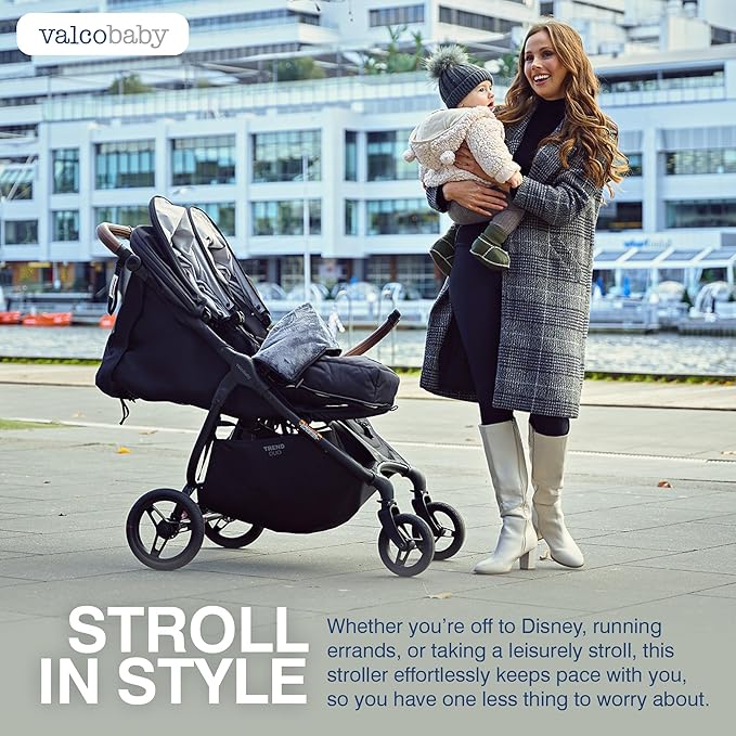 Valco Baby - Trend Duo Double - Side by Side Double Stroller for Newborn and Toddler - Easy Compact Fold, Multi-Position Recline, Large Canopy Infant Twin Stroller 2025 (Night Black)