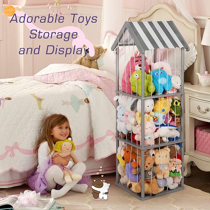 Edudif Stuffed Animal Storage, Space Saving Vertical Stuffed Animal Holder Wood, Easy Assembly Cottage-Style Plush Toys Organizer for Bedroom & Playroom (Gray, Large)