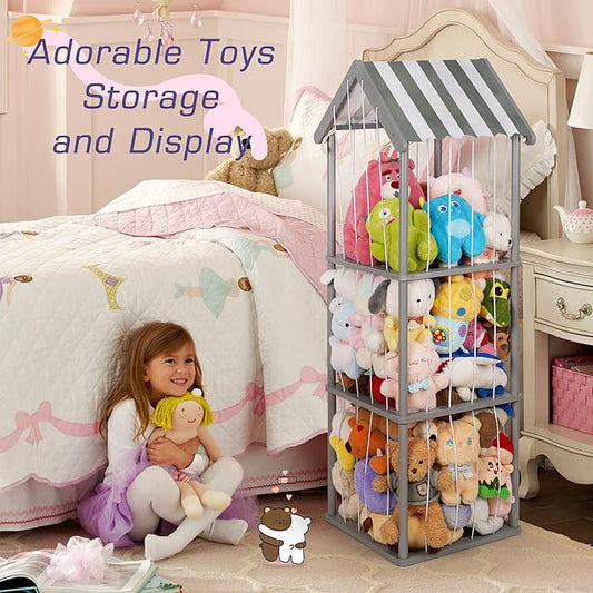 Edudif Stuffed Animal Storage, Space Saving Vertical Stuffed Animal Holder Wood, Easy Assembly Cottage-Style Plush Toys Organizer for Bedroom & Playroom (Gray, Large)