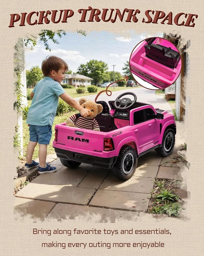 First Ride On Licensed Ram 1500 12V Ride on Toys, Kids Ride on Car with Remote Control, Electric Vehicle for Toddler with Smooth Start, Pickup Truck Bed Storage, Spring Suspension, Aux Port (Pink)