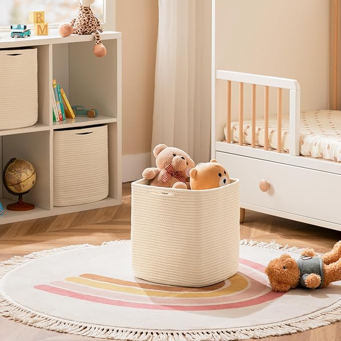 joybest 13x13x13inch Cube Storage Bins Set of 4, Cotton Rope Woven Organizer Basket for Shelves, Cube Bin Square Shelves Organizer Closet Storage, Nursery, Toy Organization, Beige