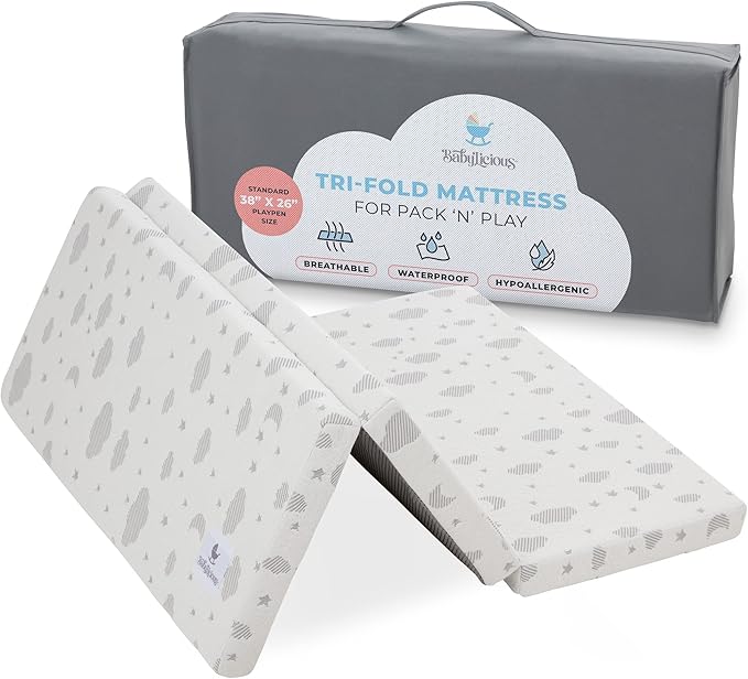 Babylicious Waterproof Pack and Play Mattress Topper | 38" x 26" x 1.5" | Carry Bag Included | Trifold Style - Breathable Soft Plush Foam - Portable Mattress Topper- Baby Foam Mattresses for Babies