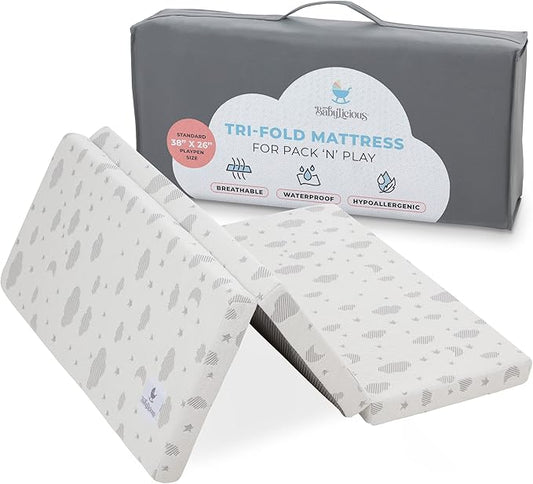 Babylicious Waterproof Pack and Play Mattress Topper | 38" x 26" x 1.5" | Carry Bag Included | Trifold Style - Breathable Soft Plush Foam - Portable Mattress Topper- Baby Foam Mattresses for Babies