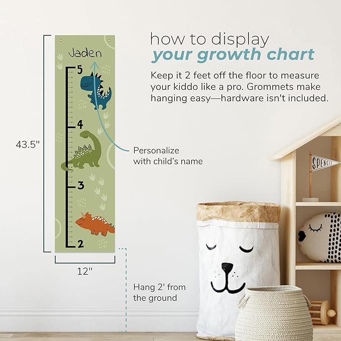 Prints Next Day – Custom Dinosaur Growth Chart 12" x 43.5" – Personalized with Name – Kids Height Chart for Wall – Baby & Toddler Nursery Decor – Birthday – PVC-Free – Printed in USA