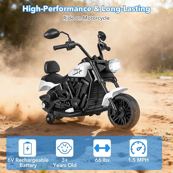 HONEY JOY Toddler Motorcycle, 6V Battery Powered Electric Motorcycle for Kids, Detachable Training Wheels, Music, Foot Pedal, Headlights, Forward/Backward, 3-Wheel Ride On Toy for Boys Girls (White)