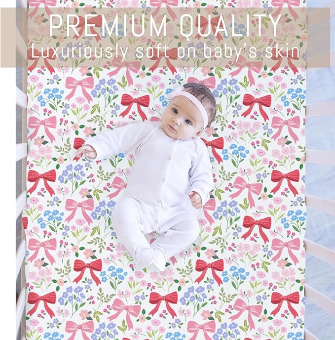 Preppy Pastel Floral Bows Baby Crib Sheets Pink Girly Floral Bows Soft Snug Fitted Crib Mattress Covers for 52''x28'' Standard Crib & Toddler Mattress Boho Spring Flowers Leaves Baby Bed Sheets