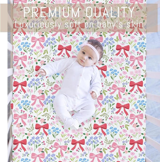 Preppy Pastel Floral Bows Baby Crib Sheets Pink Girly Floral Bows Soft Snug Fitted Crib Mattress Covers for 52''x28'' Standard Crib & Toddler Mattress Boho Spring Flowers Leaves Baby Bed Sheets