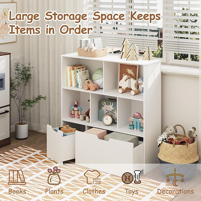 BRINJOY Toy Storage Organizer with 2 Movable Drawers, 3-Shelf Kids Bookcase Children's Toy Chest Cabinet for Playroom Bedroom Daycare Nursery School, 5 Cubes Montessori Bookshelf