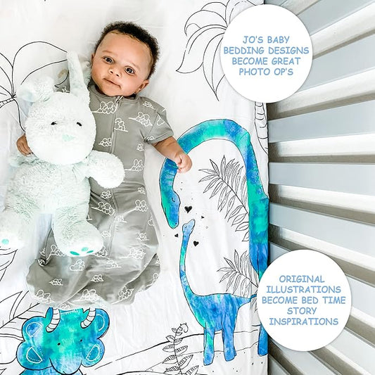 JumpOff Jo - Fitted Crib Sheet, Super Soft Breathable 100% Cotton Baby Crib Sheet for Standard Crib Mattresses and Toddler Beds, 28 in. x 52 in. - Blue Dinosaur