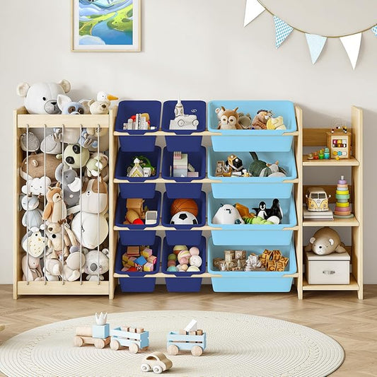 EXPERLAM 3-in-1 Toy Storage Organizer, Stuffed Animal Holder & 3-Tier Bookcase, Solid Wood Toy Organizer with 12 Storage Bins, Space-Saving Toy & Book Shelf for Kids Rooms, Bedroom, Playroom, Blue