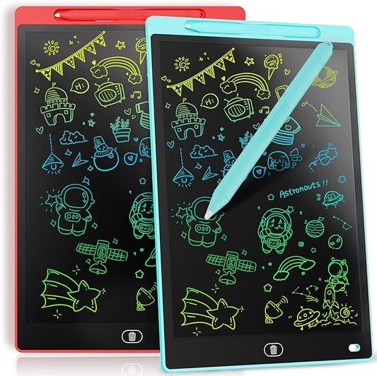 [2 Pieces] 12 Inch LCD Colorful Writing Graphic Tablet, Erasable Drawing Board, Kids Gift, Graphic Board for Games for 3 4 5 6 7 Years (Blue & Red)