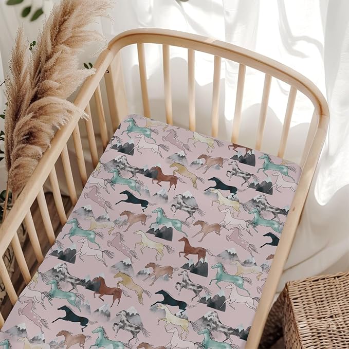 Boho Horses Mountains Baby Crib Sheets for Boy Girl 28"x52" Wild Horses Blossom Soft Snug Fitted Crib Mattress Covers Horse Lovers Nursery Baby Sheet for Standard Crib & Toddler Bed Mattress Pink