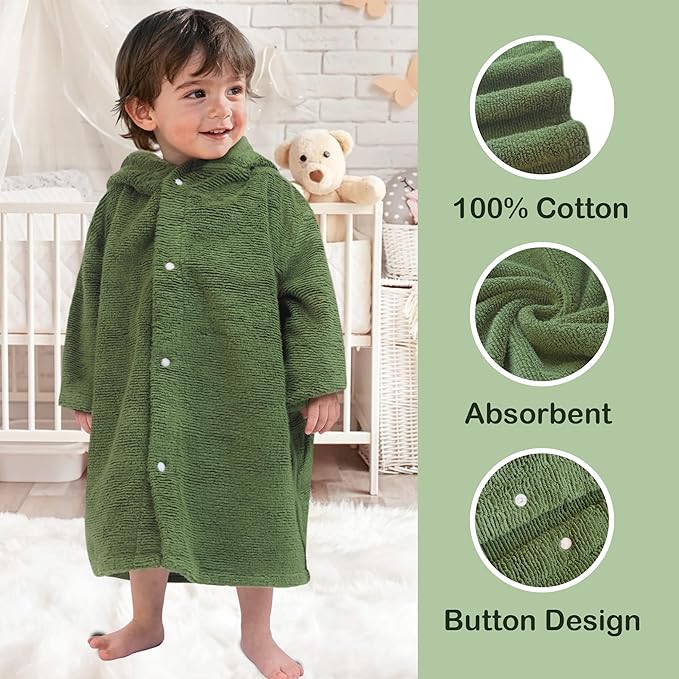 VOOVA & MOVAS Hooded Bath Towel for Kids 3-5Years | 100% Cotton,Low Lint, Ultra-Soft & Absorbent | Gentle for Sensitive Skin, Bathroom, Pool & Beach Thick Towel for Toddler,Olive Green