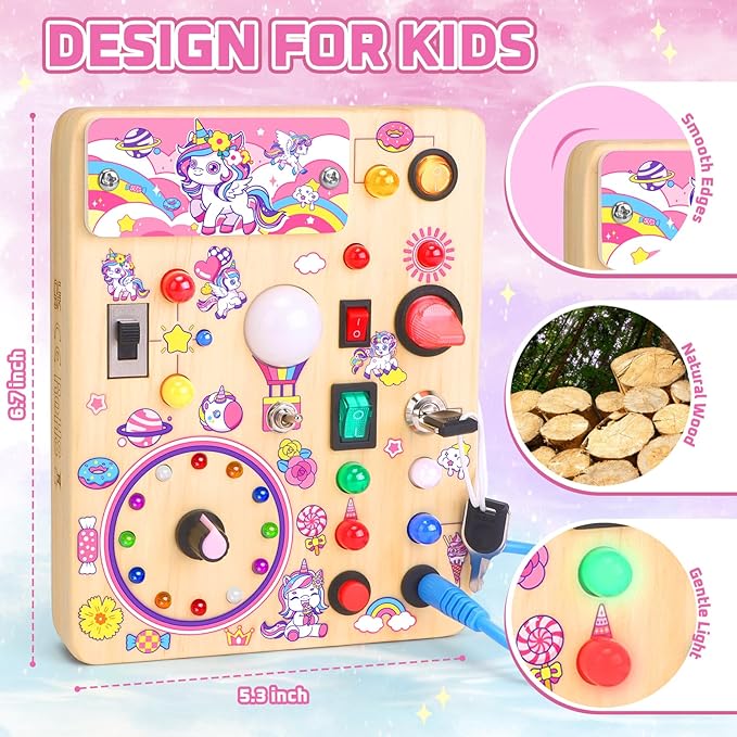 Busy Board for Toddlers - Montessori Educational Toy for 1-3 Year Old Boys & Girls | Travel-Friendly Sensory Learning Activity | Ideal for Kids with Autism(Unicorn Busy Board)