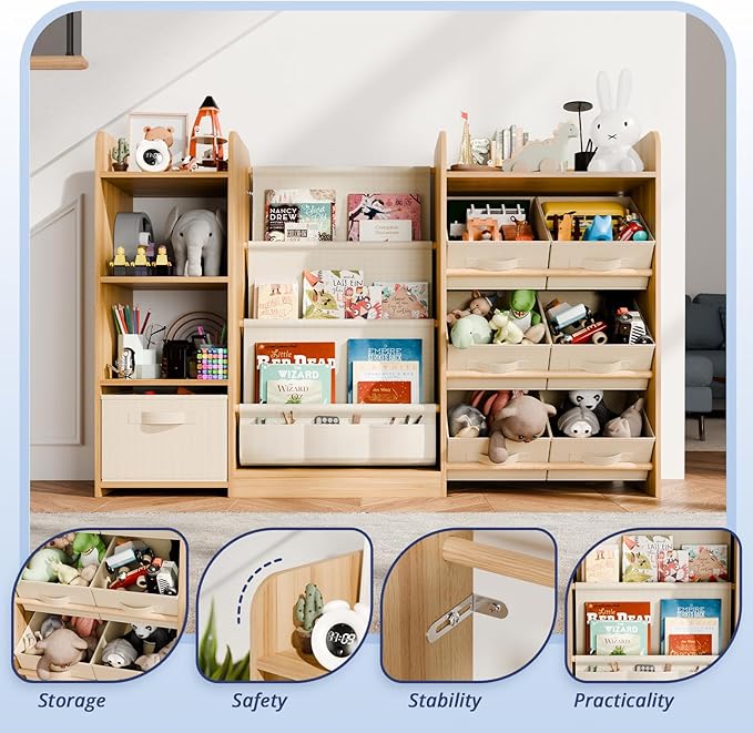 IKALIFE Kids Toy Book Storage Organizer - Large Bookshelf with 7 Removable Bins, Baby Bookshelf and Toy Storage, 4-Tier Book Shelf for Kids Room, Playroom, Classroom, 51 inch, Burlywood