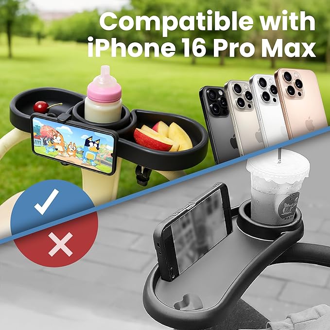 Snugbee Universal Stroller Tray with Cup Holder & Phone Mount – Fits iPhone 16 Pro Max – 360° Rotation, Easy Tool-Free Installation, Durable & Easy to Clean – Includes Instruction Manual
