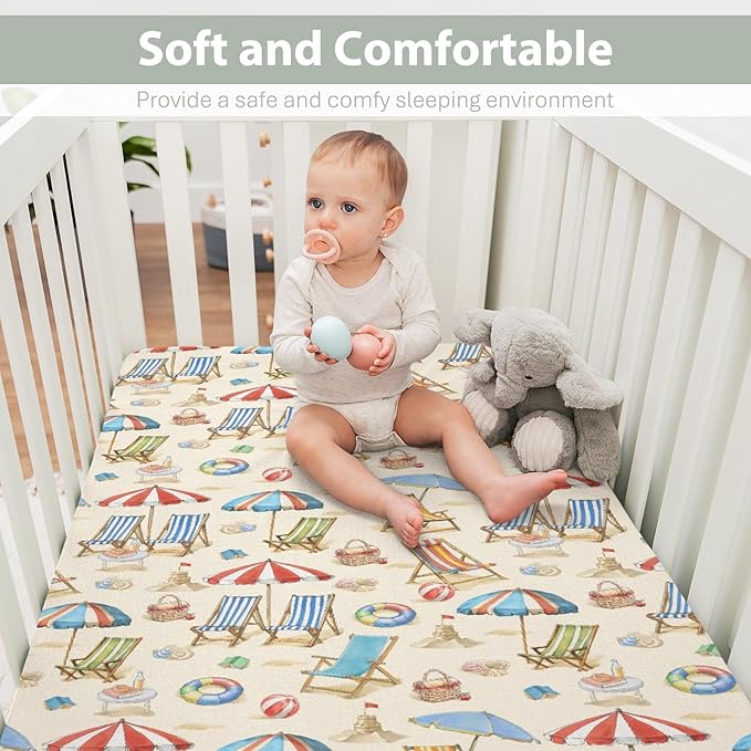 Fun Beach Days Baby Crib Sheets for Boy Girl 52"x28" Umbrella Beach Balls Summer Soft Stretchy Fitted Crib Mattress Cover Seaside Coastal Nursery Baby Sheet for Standard Crib & Toddler Mattress