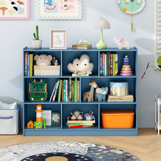 Giantex 8 Cube Bookcase, Freestanding 3-Tier Open Bookshelf, Modern Storage Display Cabinet, Wood Cube Storage Organizer for Living Room, Kid’s Room, Bright Blue