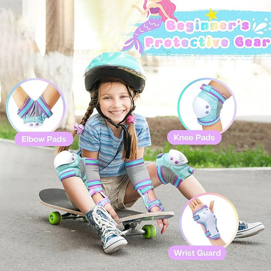 Knee Pads for Kids - ZOOBLISS Toddler Knee and Elbow Pads Set Wrist Guards for Skating Girls Aged 3-12, Kids Protective Gear for Roller Skates Skateboard Bike Scooter, Included Drawstring Bag(Rainbow)