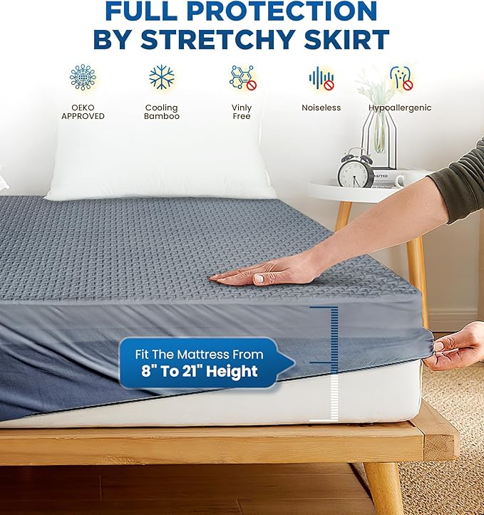 Premium 100% Waterproof Twin Mattress Protector, Breathable Cooling 3D Air Fabric Mattress Cover, Hypoallergenic Noiseless Bed Cover Vinyl Free, 8-21'' Deep Pocket (Gray)