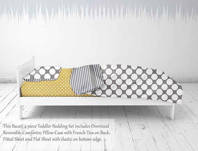 Bacati - Dots/pin Stripes Neutral Grey/Yellow 4 Pc Toddler Bedding Set 100 Percent Cotton Includes Reversible Comforter, Fitted Sheet, Top Sheet, and Pillow Case for Boys/Girls