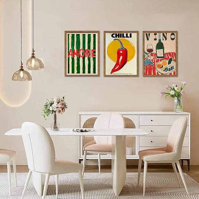 Framed Kitchen Wall Art Set of 3, Abstract Table Food Kitchen Wall Decor, Chilli Pictures Prints Artwork, Vintage Dining Room Canvas Painting, Modern Kitchen Home Decoration – 16x24 inch