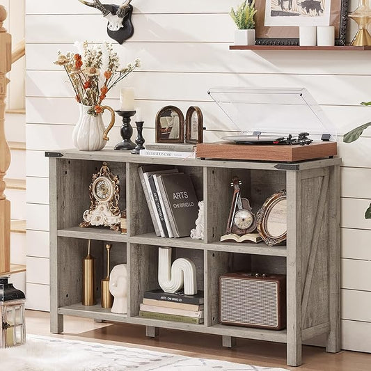 Joaxswe Farmhouse 6 Cube Bookshelf, Rustic Grey Oak Wooden Storage Organizer Book Shelf, 47 Inch Cubby Hallway Bookcase, Kids Toy Storage Cabinet, Modern Open Book Case for Living Room, Hallway