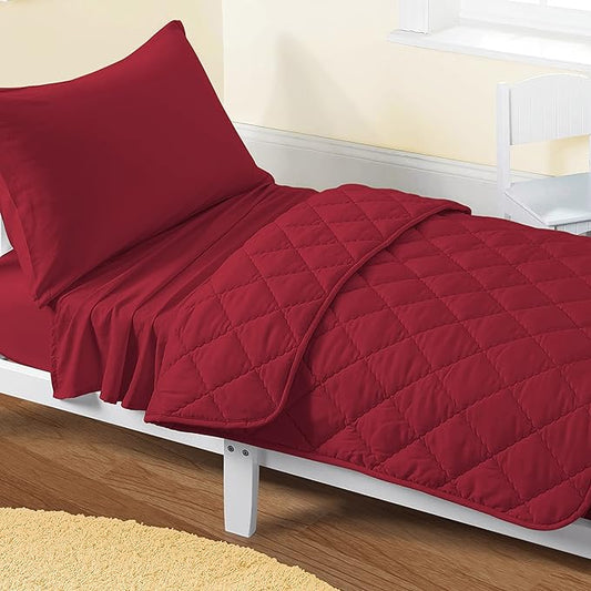 FLXXIE 4 Pieces Toddler Bedding Set, Soft and Breathable Microfiber Crib Sheet Set, Includes Quilted Comforter, Flat Top Sheet, Fitted Sheet, Envelope Pillow Case for Boys and Girls, Burgundy