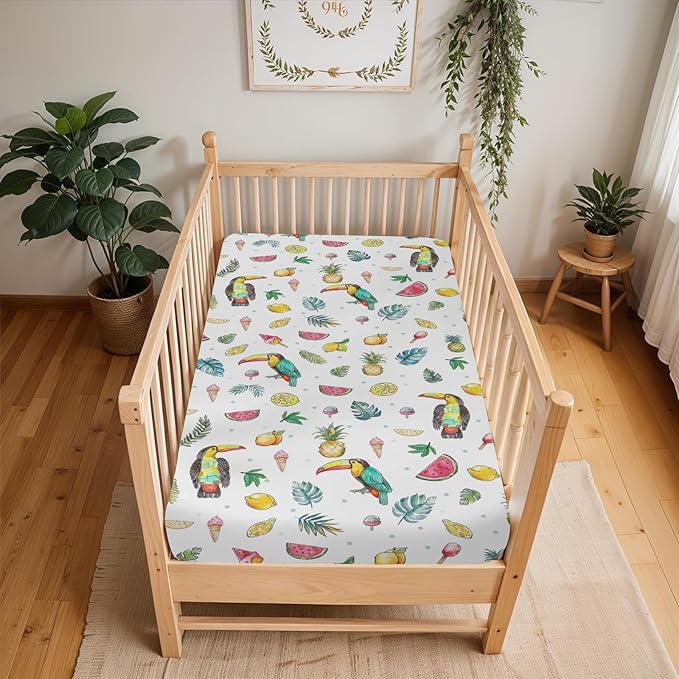 Toucan Tropical Flowers Leaves Baby Crib Sheets for Boy Girl 52"x28" Summer Birds Fruits Soft Snug Fitted Crib Mattress Cover Beach Vacation Baby Sheet for Standard Crib and Toddler Bed Mattresses