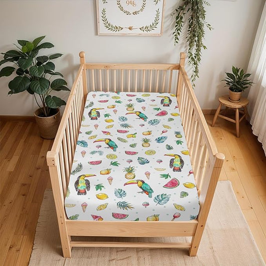 Toucan Tropical Flowers Leaves Baby Crib Sheets for Boy Girl 52"x28" Summer Birds Fruits Soft Snug Fitted Crib Mattress Cover Beach Vacation Baby Sheet for Standard Crib and Toddler Bed Mattresses