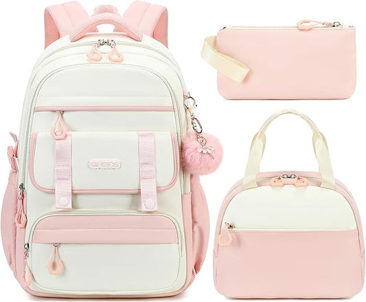 QHRIDS School Backpack for Girls, 3PCS Laptop Backpack 15.6 Inch with Lunch Box Pencil Pouch Set for Kids Teens Elementary Middle High School College Bookbag Student Casual Travel Daypack,Pink Beige