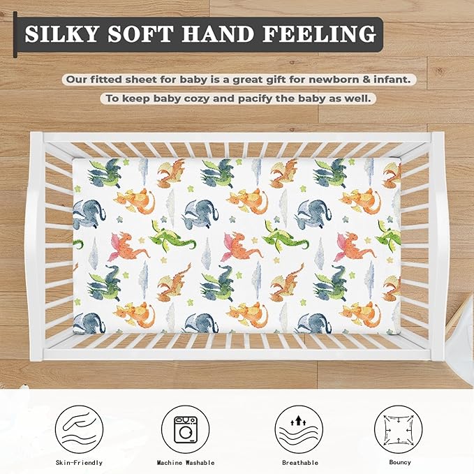 Fairytale Dragons Fitted Crib Sheet for Boys Girls Watercolor Cute Dragon Baby Sheet for Standard Crib and Toddler Clouds and Stars Nursery Bed Mattress Sheets 28"x52"