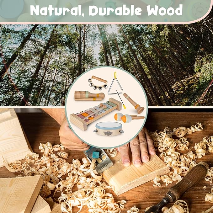 Stoie's Wooden Toddler Musical Instruments with Xylophone, Maracas, Triangle, Tamburine for Babies and Kids, Eco Friendly Montessori Educational Toy