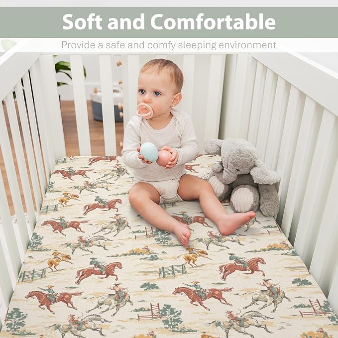 Vintage Western Cowboy Baby Crib Sheets for Boy Girl 28"x52" Retro Cowboy Horse Cactus Soft Stretchy Fitted Crib Mattress Cover Wild Desert Baby Sheet for Standard Crib & Toddler Mattress Pads