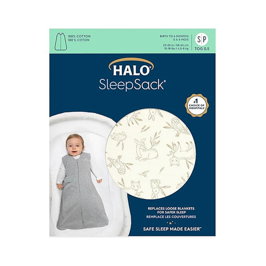 HALO SleepSack, 100% Cotton Wearable Blanket, Swaddle Transition Sleeping Bag, TOG 0.5, Lullaby Forest, Small, 0-6 Months