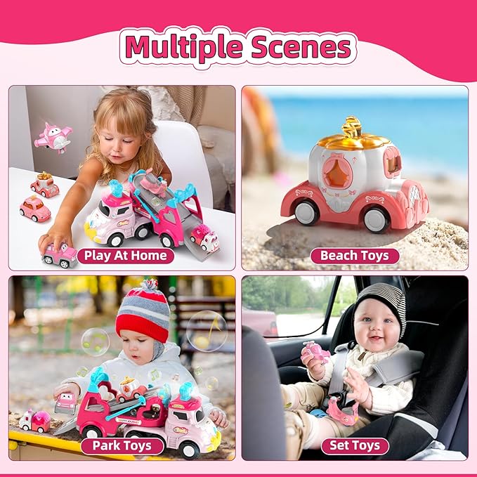 Truck Toys for 2 3 Year Old Girl, 7-in-1 Carrier Truck Car for Toddler Girl, Toys Cars Age 2-3-4 with Light & Music, Birthday Gifts for 2+ 3+ Year Old Girls