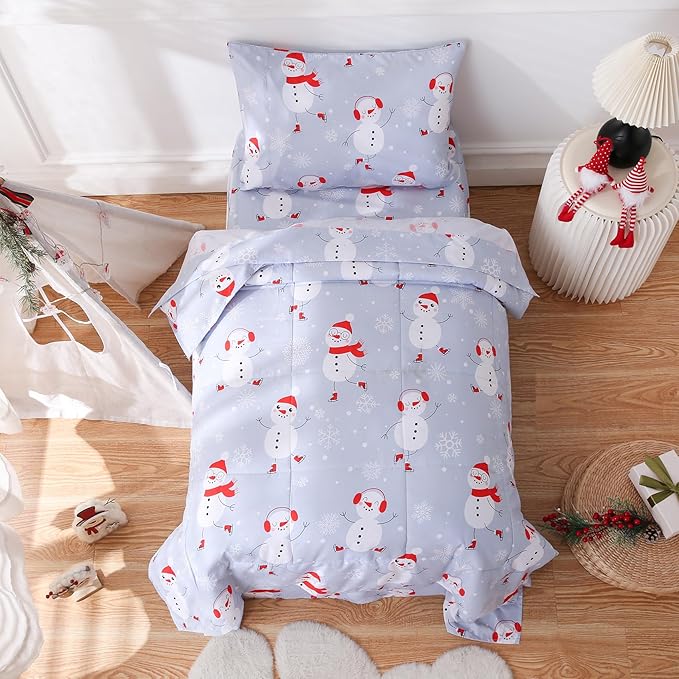 JSD Blue Snowman Toddler Bedding Set, 4 Piece Christmas Winter Toddler Microfiber Comforter Sheet Set, Lightweight Breathable
