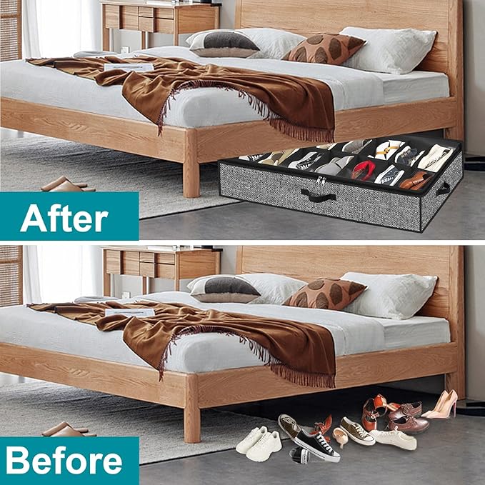 Meerainy Under Bed Shoe Storage Organizer for Closet 2 Pack- Fits 28 Pairs Underbed Shoes Container Boxes with 2 Sturdy Handles and Clear Window Black
