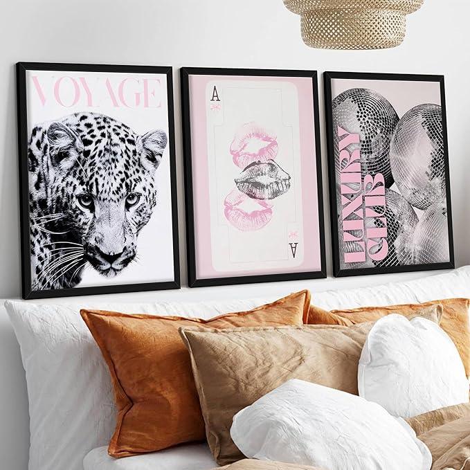 Pink Cheetah Wall Art Set of 3, Y2K Trendy Leopard Canvas Wall Decor Paintings, Preppy Black and White Cheetah Disco Posters Prints Pictures for Girly Room Bedroom Dorm 16x24 Inch Wood Framed