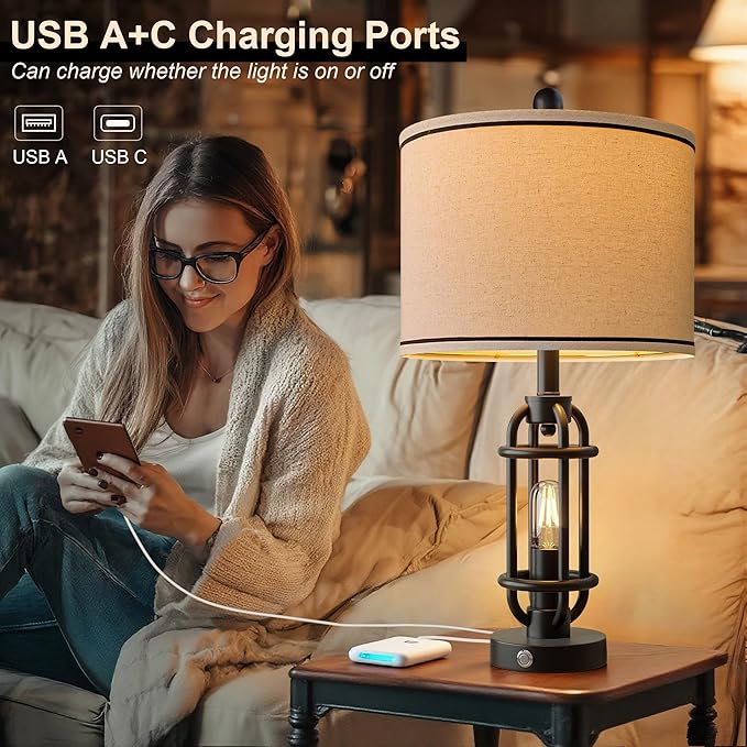 G-SAFAVA 24'' Table Lamps for Living Room Bedroom Industrial Touch Lamp with USB A+C Ports, Night Light Farmhouse Vintage Nightstand Bedside Lamps for Night Stands Metal Black, Bulbs Included