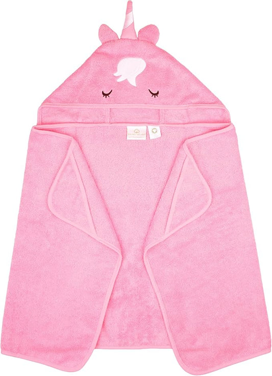 BAGNO MILANO Kids Organic Turkish Cotton Hooded Beach Cover-Up Towel, GOTS Certified, for Boys and Girls (Unicorn Pink, 24"x48"+8"/Hooded Towel)