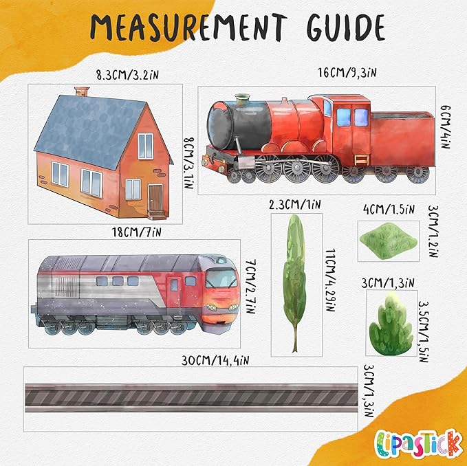 Train Wall Decals for Kids by Lipastick - Educational Railroad Wall Stickers for Boys and Girls - Peel and Stick Locomotive, Carriage, Wagon Wall Decals for Nursery, Playroom, Bedroom Decor -M Size