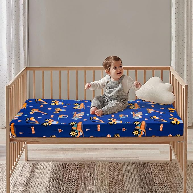 UOMNY Crib Sheet 52x28 Baby Sheet for Boys Breathable Fitted Crib Sheet for Standard Crib and Toddler Mattress Toddler Sheet Engineering Vehicle Blue