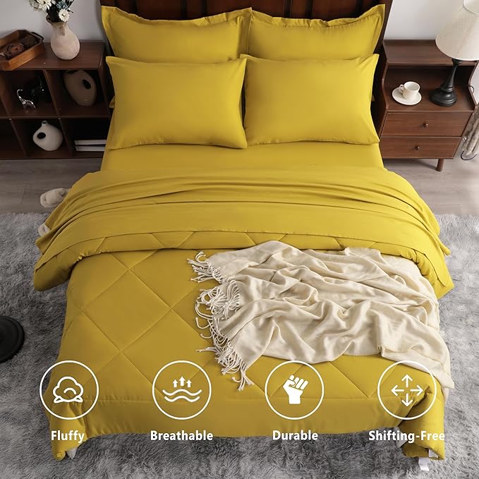 NTBAY Queen Comforter Set with Sheets, 7 Pieces Soft and Breathable Queen Bedding Set, Bed in a Bag, Down Alternative Comforter Set Solid Color All Season, Queen Bedding Set, Yellow
